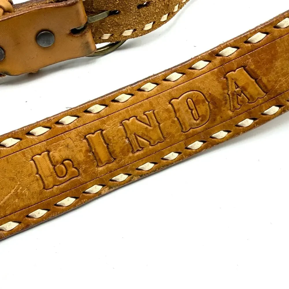 Linda Vintage Western Name Belt 34 Hand Tooled Laced Brown Leather Cowgirl